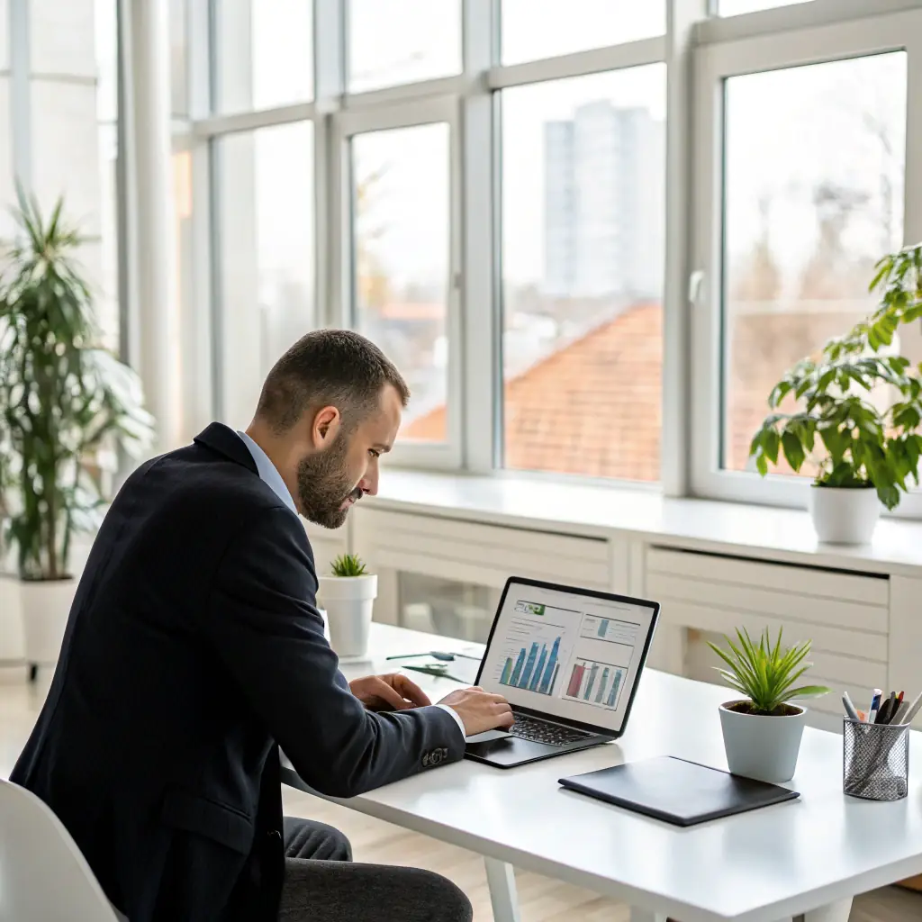 A local business owner happily reviewing their website analytics dashboard, showcasing increased traffic and customer engagement, indicating the success of LEMAY CONSULTING's local services growth plan.