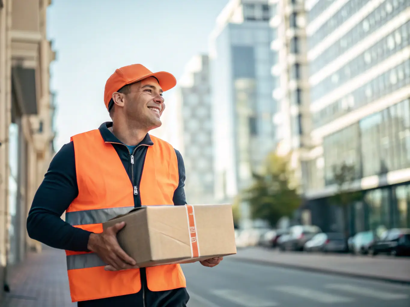 A delivery person wearing a green Green Legacy t-shirt is holding a package and smiling, ready to deliver it to a customer.