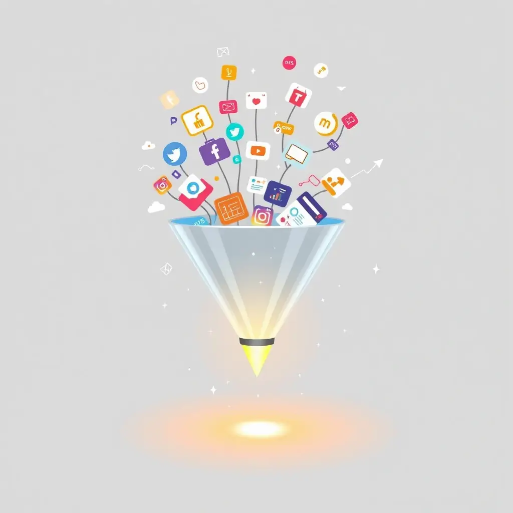An abstract representation of a digital marketing funnel, visually showcasing the flow of traffic from various social media platforms and online ads into a conversion-focused website. The image should convey a sense of efficiency and revenue generation.