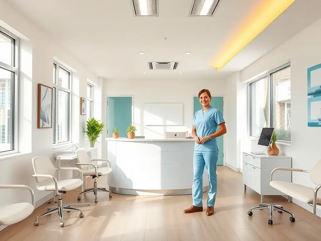 A friendly patient consultation with a dental specialist discussing All-on-4 implant options, showing a smiling patient with healthy teeth, in a modern dental clinic setting.