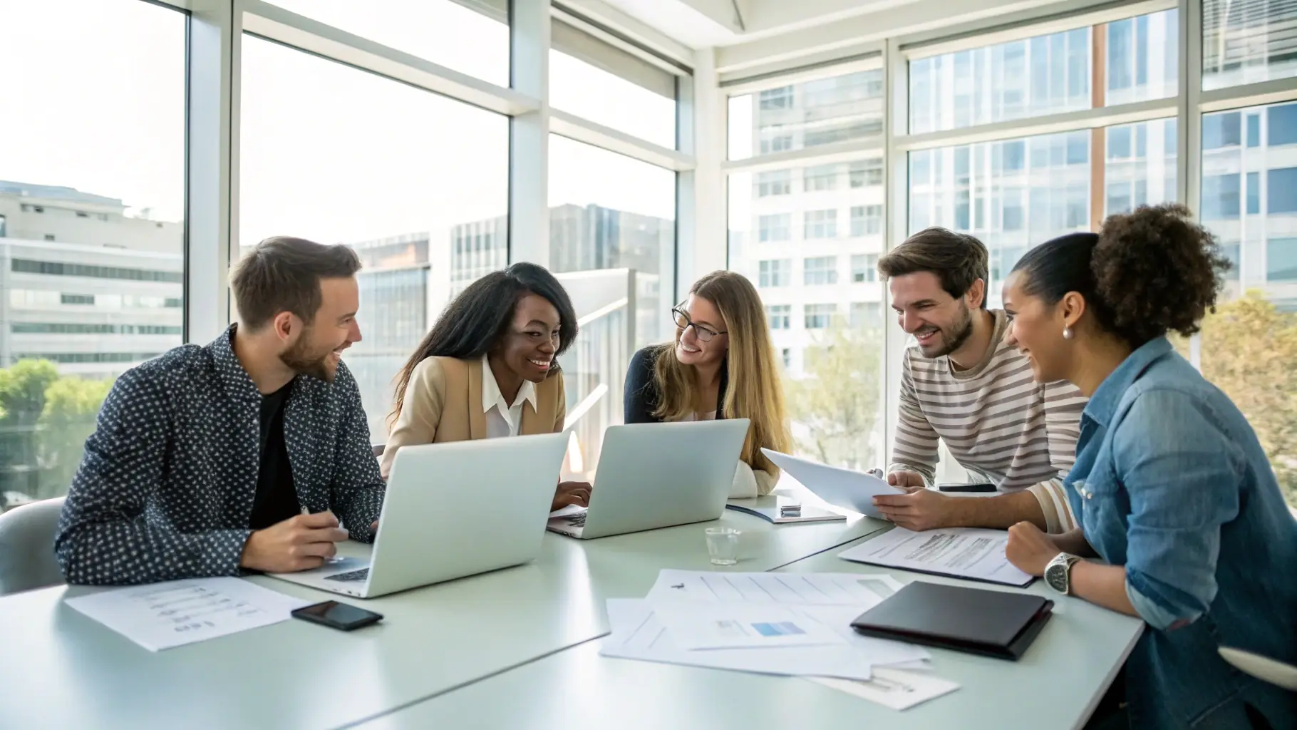 A professional image depicting a team of consultants working on Amazon Seller strategies, with charts and graphs illustrating sales growth and optimization techniques, set in a modern office environment.