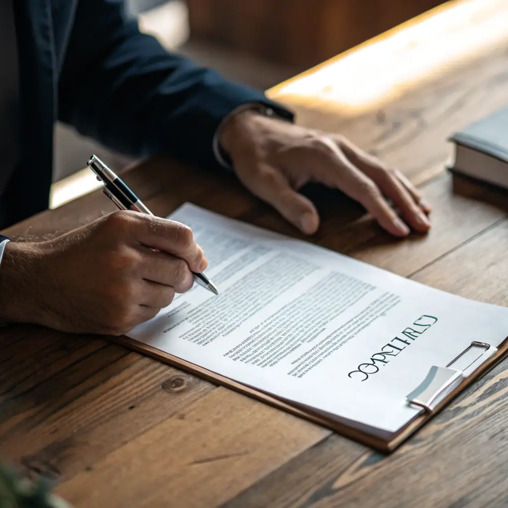 A close-up shot of hands carefully reviewing small claims document preparation legal help, highlighting the attention to detail provided by Trustpoint's Legal Document Assistants in preparing small claims paperwork. The setting is a well-lit, professional office environment.