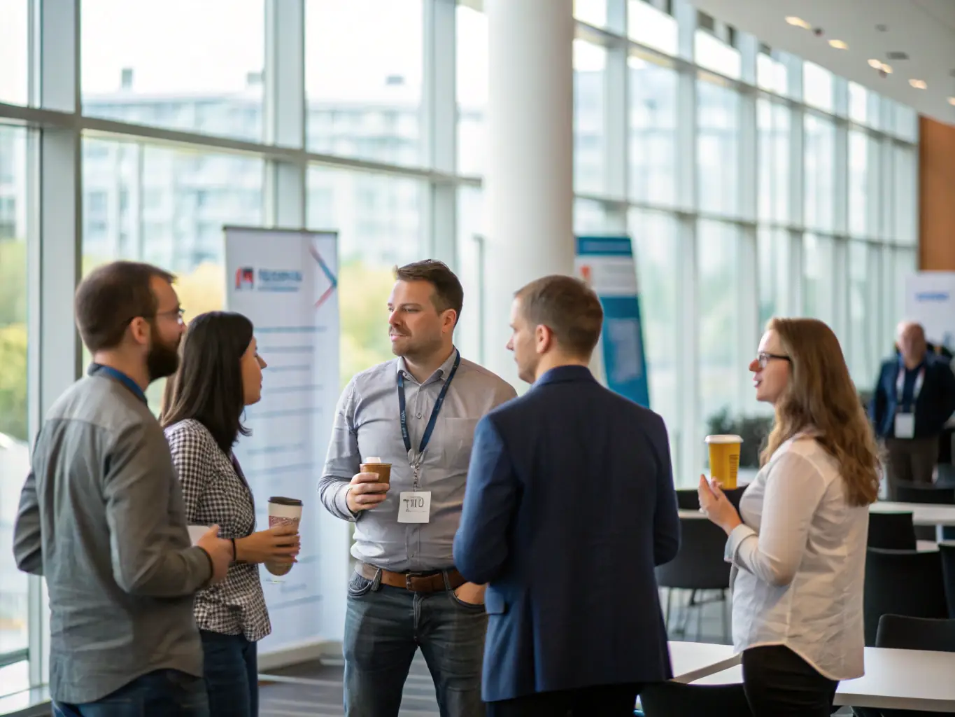 A group of diverse business professionals and executives networking at a modern Hong Kong conference, with digital screens displaying AI training and membership benefits, conveying a premium and intelligent community atmosphere.