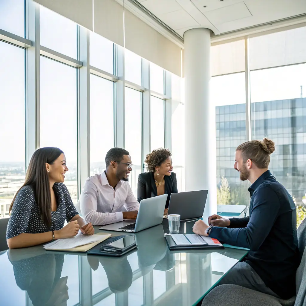 A diverse group of professionals from around the world collaborating in a modern office setting, symbolizing BridgesPro Connect's global network and inclusive environment.