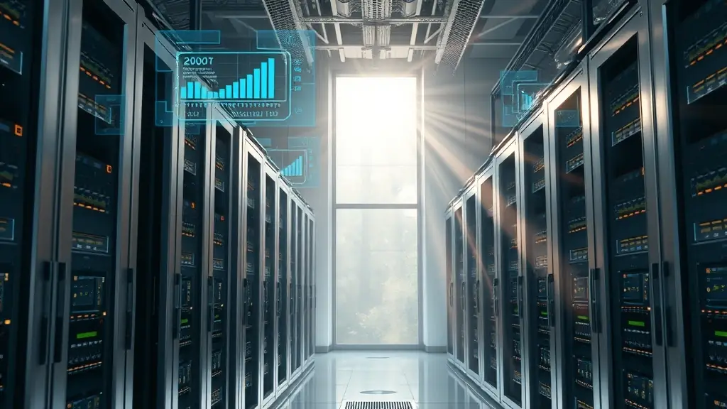 A futuristic server room with AI robots, holographic displays, and sun rays illuminating cutting-edge technology, symbolizing innovation and resilience.
