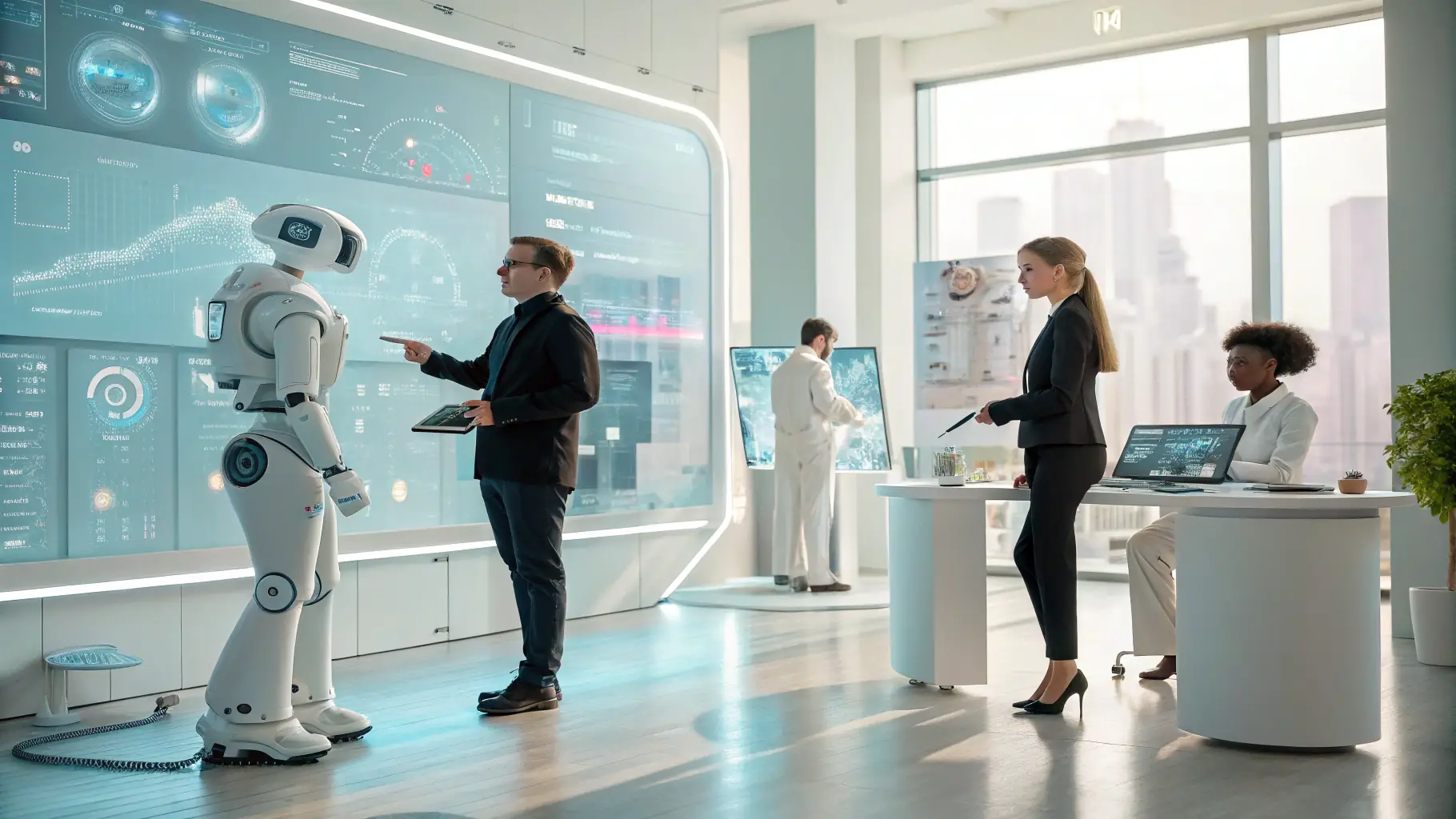 A high-tech control center with AI robots, holograms, and sun rays highlighting innovation and advanced infrastructure.