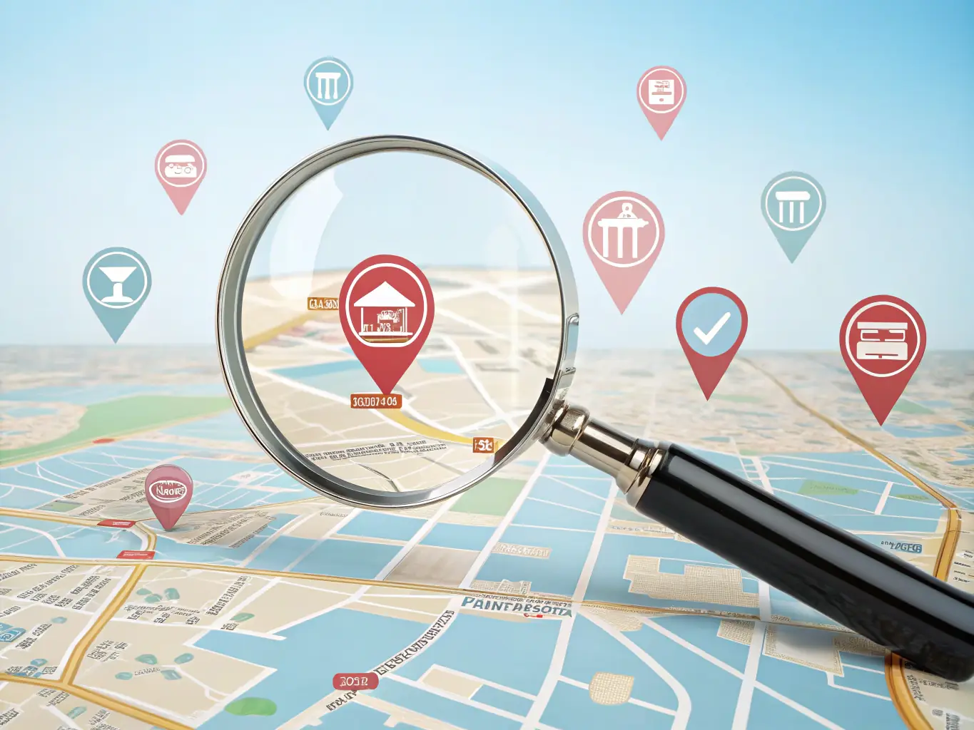 A magnifying glass hovering over a map, highlighting local businesses and points of interest, symbolizing a local search audit.