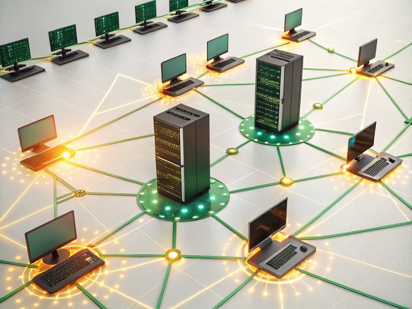 A visually striking image depicting a network of interconnected devices and software applications, symbolizing the seamless integration achieved through AI automation. The image should convey efficiency, connectivity, and technological advancement.