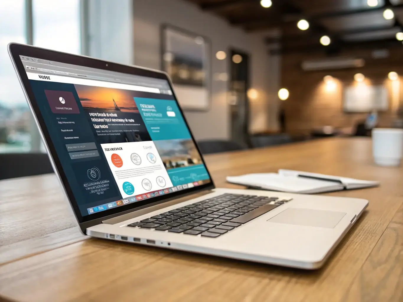 A modern website layout on a laptop screen, designed by Omegacube with AI assistance. The design features high-quality hero images and embedded videos, enhancing user engagement. The imagery subtly incorporates elements of a Texas state park.