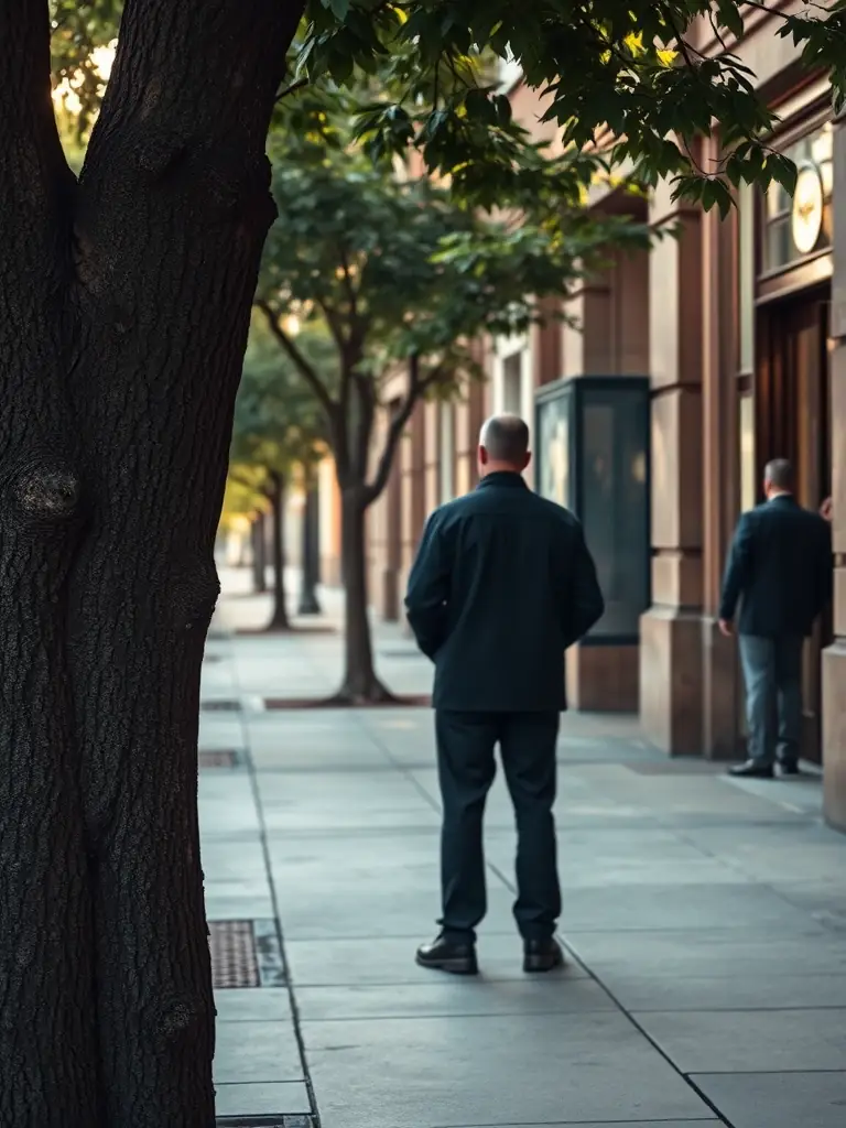 A process server discreetly observing a subject from a distance, using skip tracing techniques to locate a hard-to-find individual.