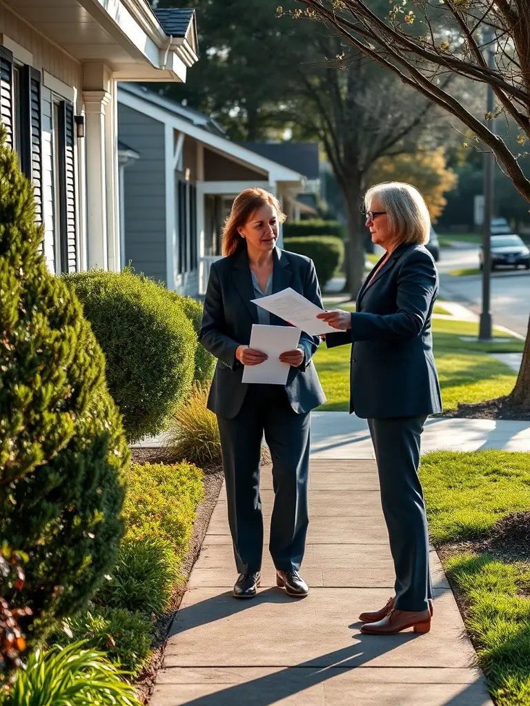 A process server handing legal documents to a person at their doorstep, with a professional and discreet demeanor, in a suburban setting.