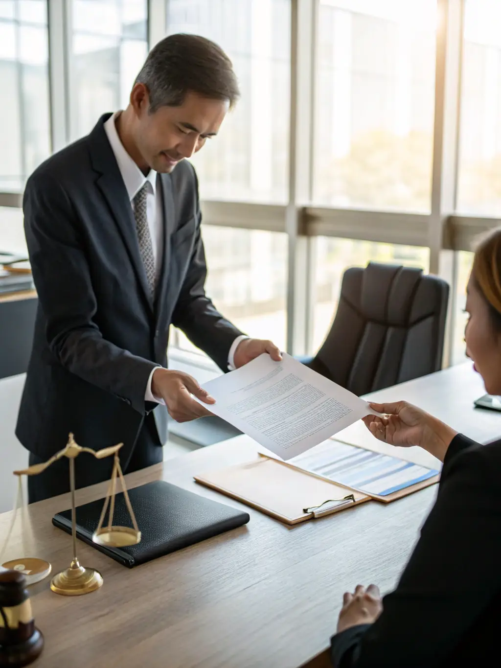 A process server handing a subpoena to a business owner in a professional setting, such as an office or conference room.