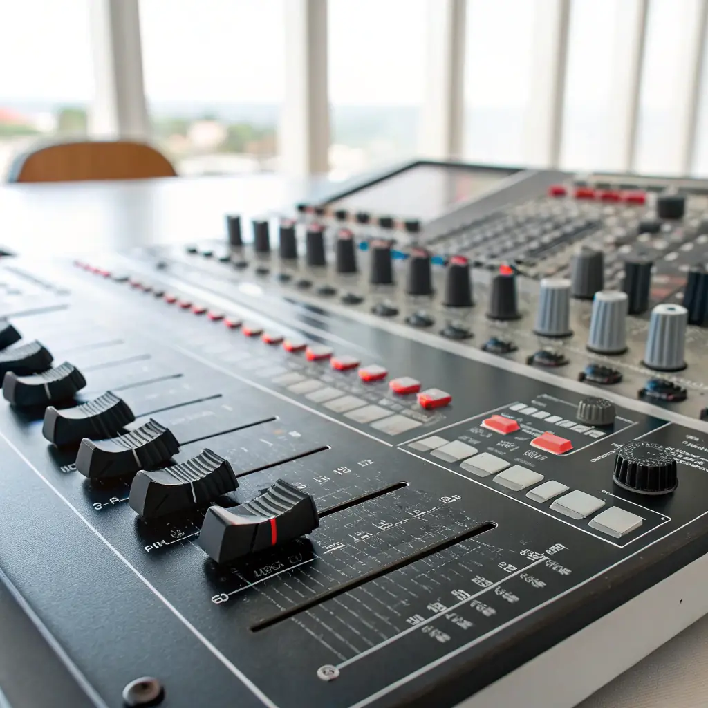 A professional audio mixing console in a dimly lit studio, cinematic and minimal.