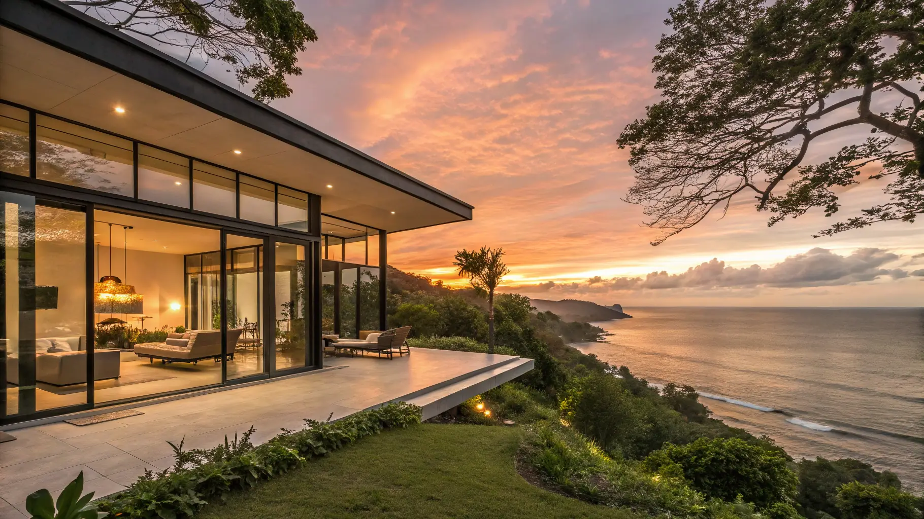 A luxurious beach villa in Kerala with an infinity pool overlooking the Arabian Sea, palm trees swaying in the breeze, and a couple enjoying the sunset from their private balcony.