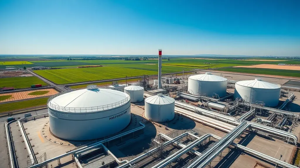 Aerial view of a modern oil refinery in Kazakhstan with tanks and pipelines under a clear blue sky.