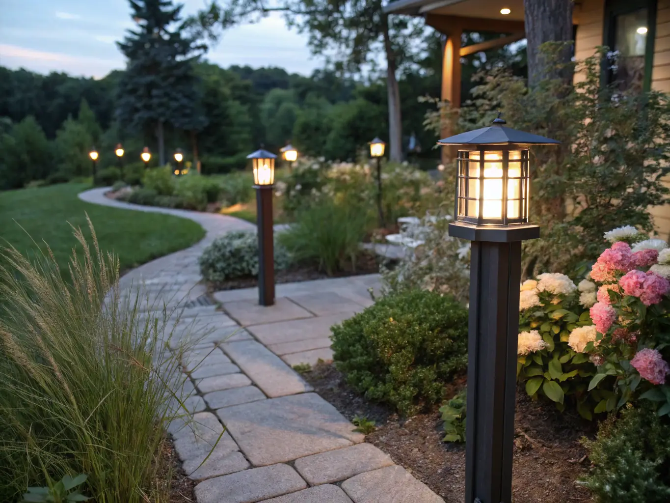 Images of modern solar wall, garden, and portable lights demonstrating their design, installation, and usage in outdoor settings.
