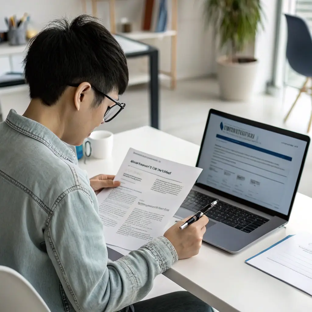 A person confidently organizing legal documents related to bankruptcy in a bright, modern office setting, symbolizing control and a fresh start.