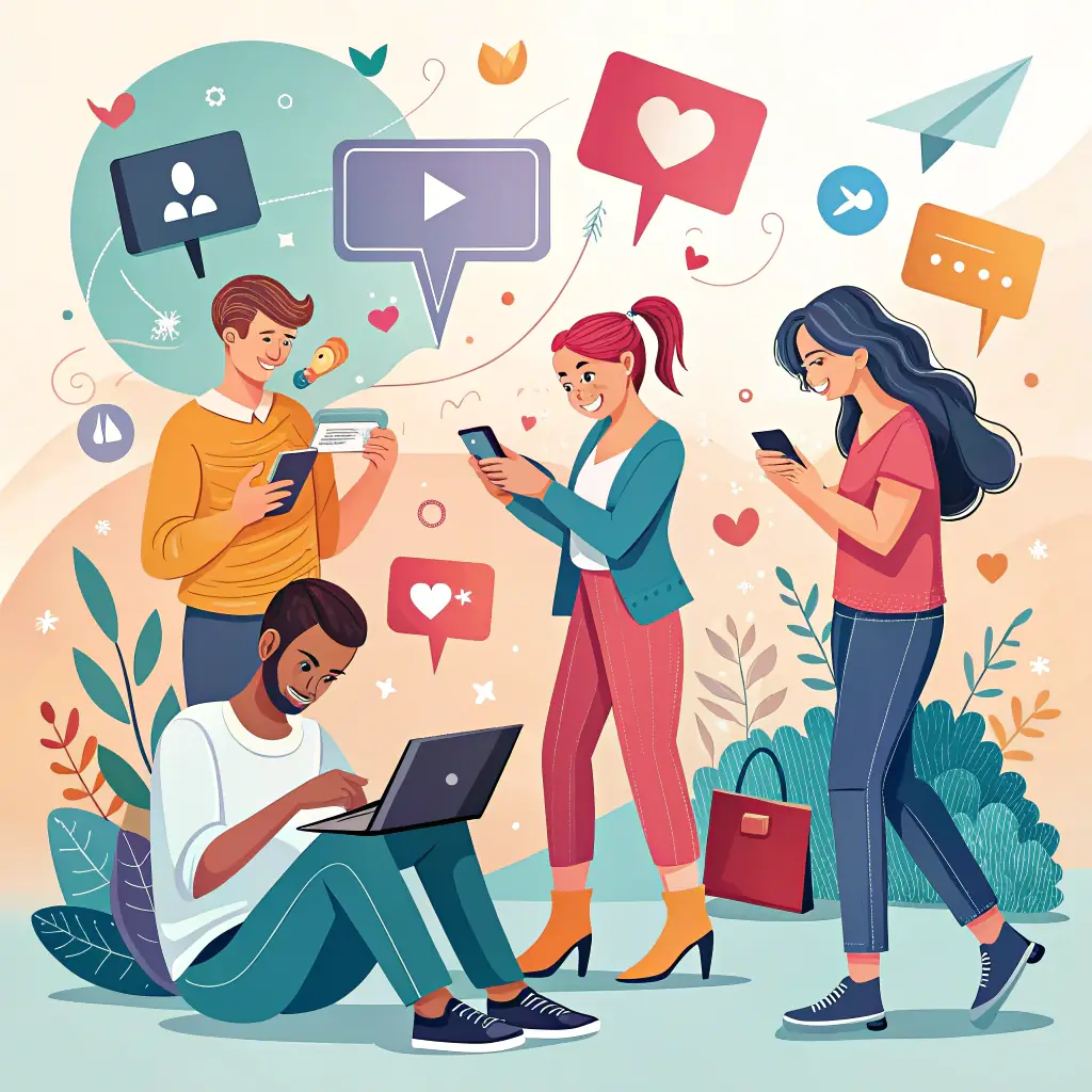 A vibrant online community interacting with a digital product store's social media page, showcasing comments, likes, and shares.