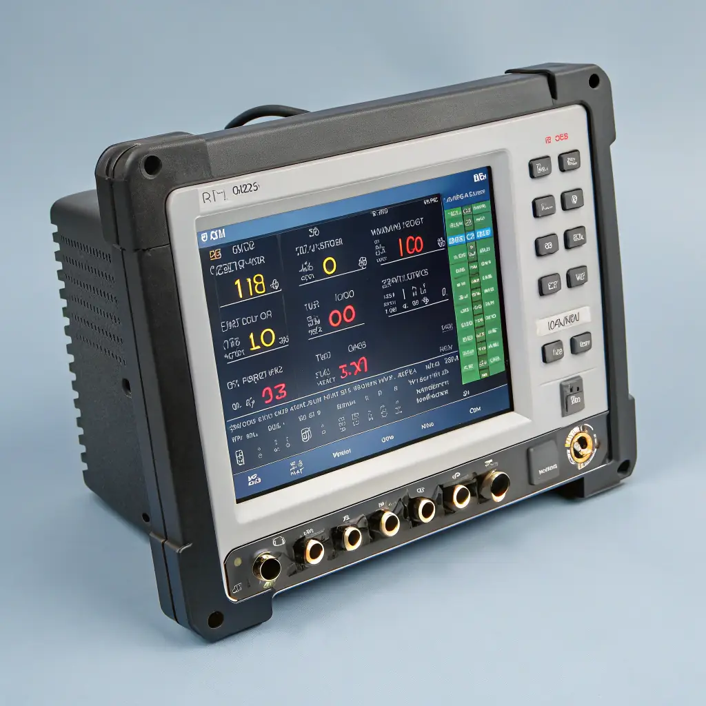 An image representing a power quality analyzer connected to an elevator control system, showing real-time data and waveforms. The image should convey precision and technological expertise.
