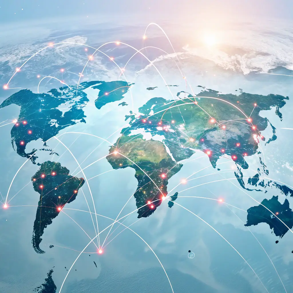 A high-resolution image of a global network map highlighting Energy Monster’s international presence, with icons representing major investor and partner logos, symbolizing global support and trust.