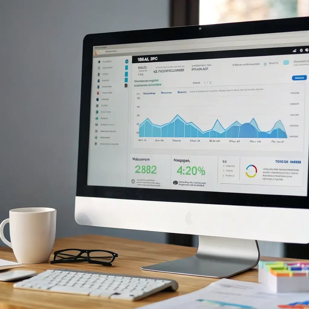 A professional image showcasing a website dashboard with SEO analytics, charts indicating growth, and keywords being tracked. The image should convey data-driven results and the positive impact of SEO on a business's online presence.