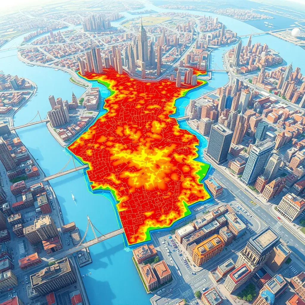 A detailed, interactive flood map displayed on a client dashboard, showcasing potential flood zones in a realistic, user-friendly format. The map includes color-coded risk areas and detailed geographical data for a specific state in the USA.