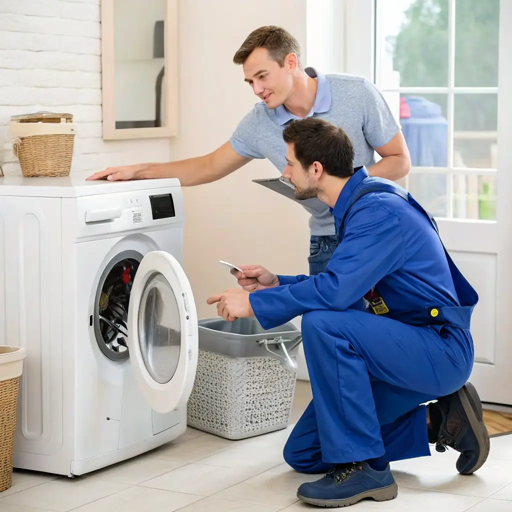 A friendly, uniformed appliance repair technician diagnosing a washing machine issue in a clean, modern kitchen. The technician is using a tablet, suggesting AI assistance.