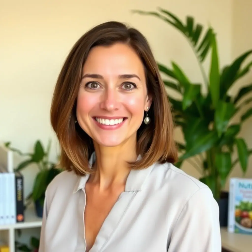 Ivana Holetic, a friendly and approachable nutritionist, stands in her sunny office, surrounded by healthy foods and educational materials. She is smiling warmly at the camera, radiating health and vitality.