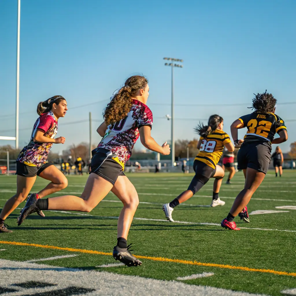 A group of young girls in Icons Sporting Football Academy jerseys, participating in a training session on a well-maintained football field. The girls are focused and engaged, with coaches providing guidance in the background. The scene conveys a sense of teamwork, empowerment, and skill development.