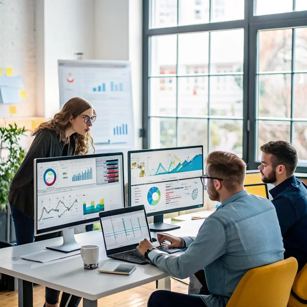 A digital marketing team at OmegaQube Agency working on optimizing local SEO for an online digital product store, displayed on multiple screens with maps and local search results.