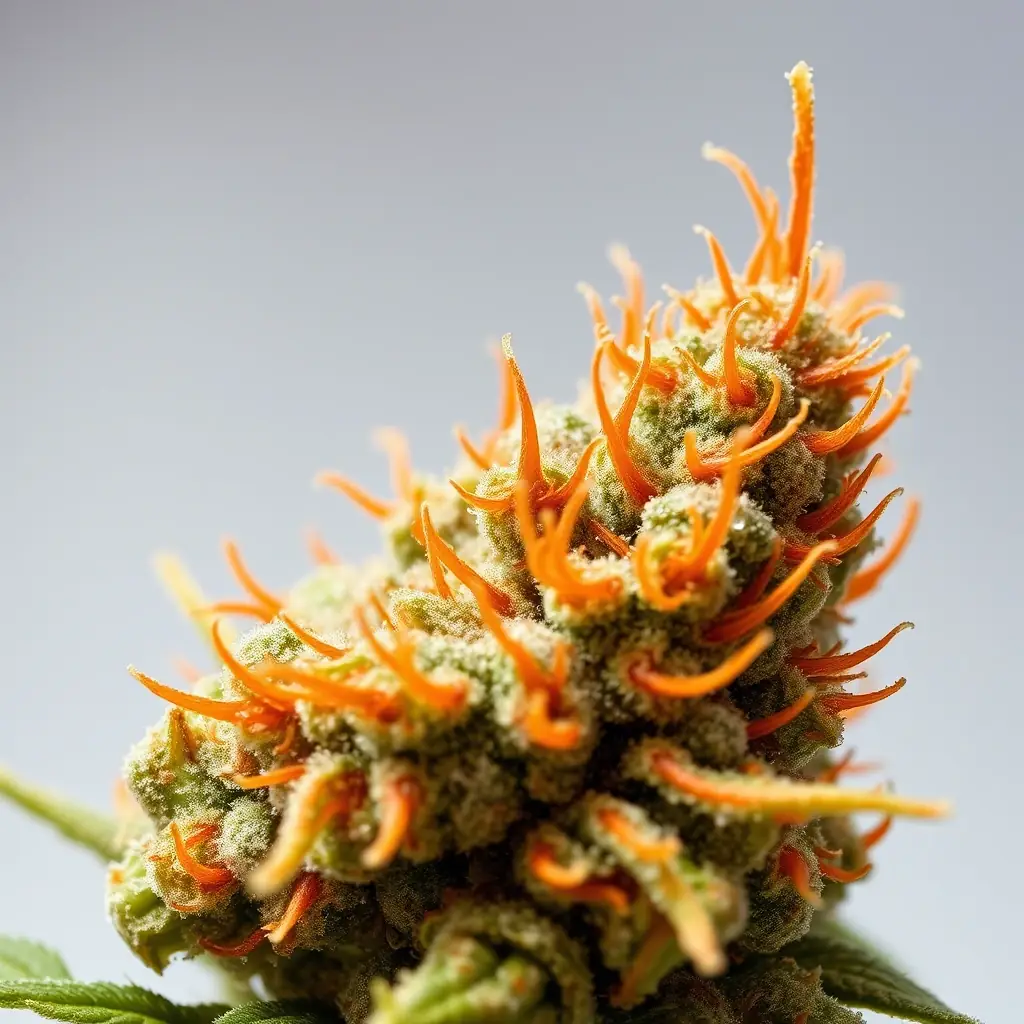 A close-up shot of Pink Runtz Flower, showcasing its dense, chunky buds, bright green base tones, deep purple undertones, fiery orange pistils, and heavy trichome coverage.