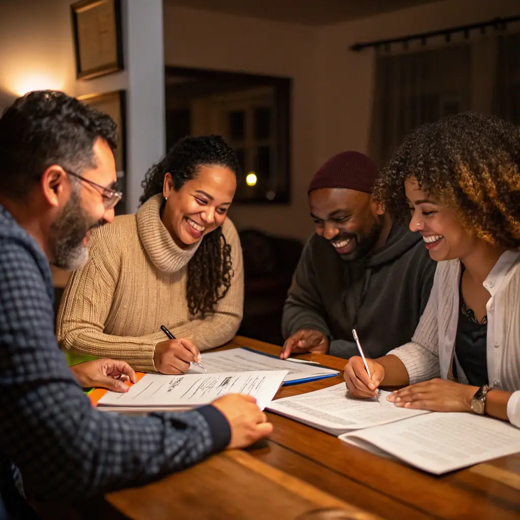 A diverse group of people receiving legal advice in a community center, emphasizing Trustpoint's commitment to community service and accessibility.