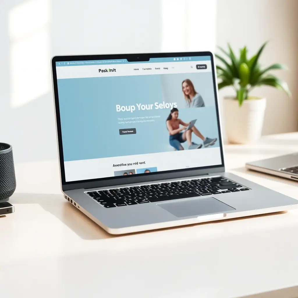 High-quality photo of a modern laptop displaying a sleek website design, set against a blurred background of Santa Barbara's coastline with palm trees and soft, natural lighting.