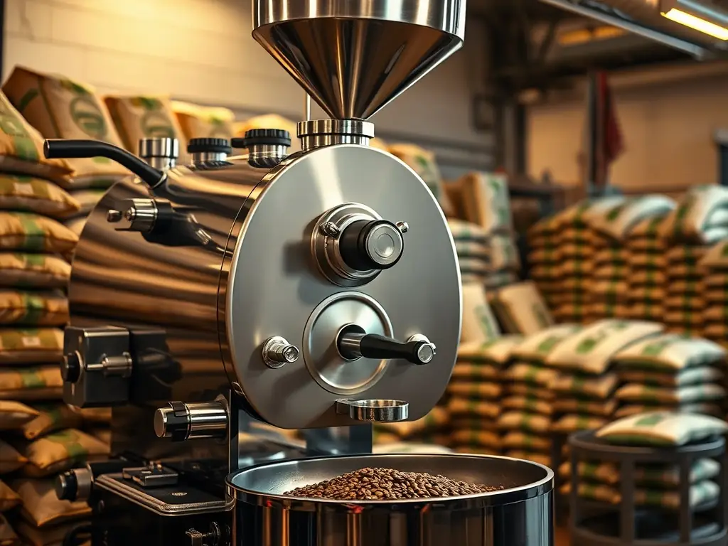 A photo of the Redmile Coffee Roasters facility in Mount Helena, Perth's Eastern Hills, showcasing the roasting equipment and coffee beans.