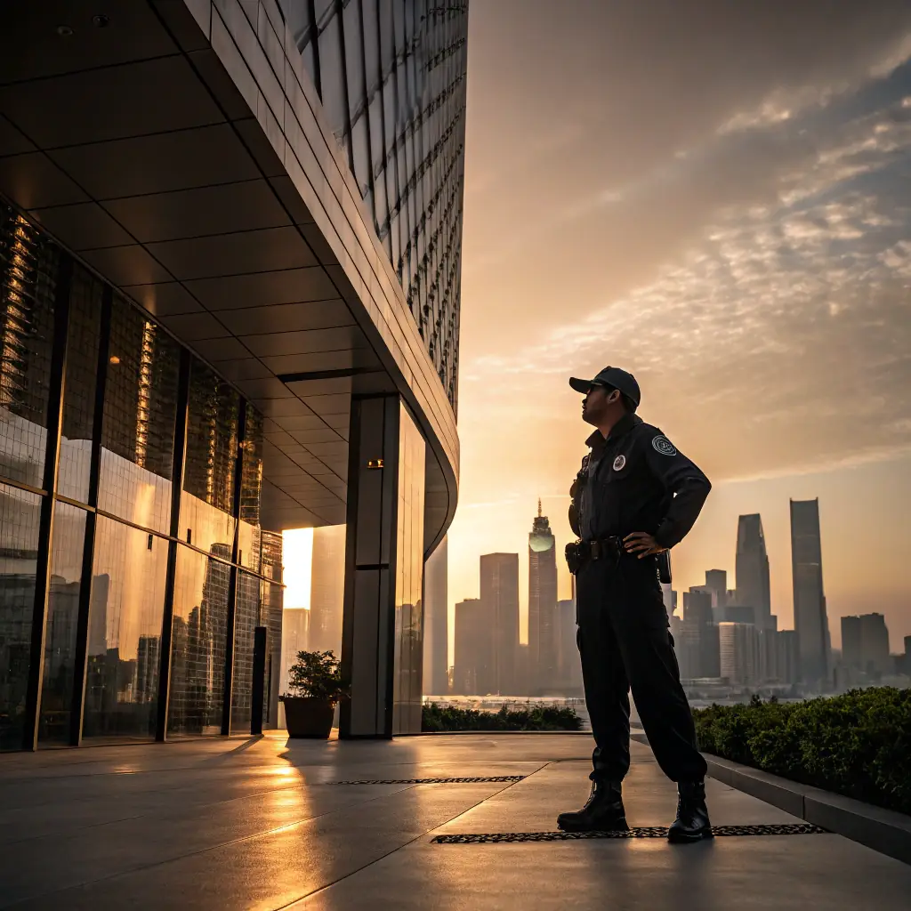 A security guard standing attentively in front of a modern office building at dusk, representing Matsqui Security's commitment to protecting businesses.
