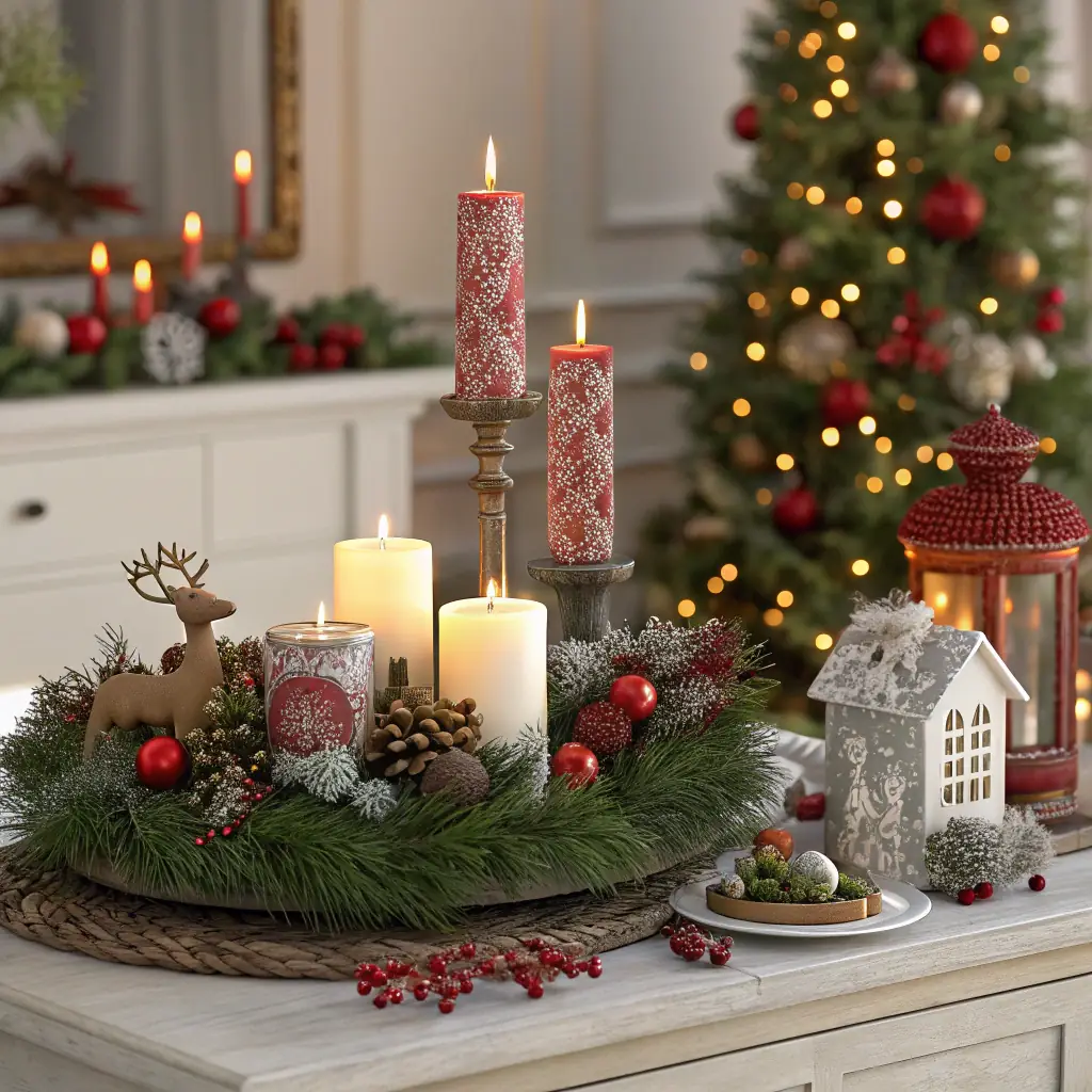 A festive holiday scene with artwork and decorations.