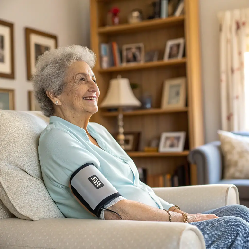 Image of a senior woman easily applying the joint therapy device to her knee while sitting comfortably on a sofa, smiling gently. The background is a cozy living room setting.