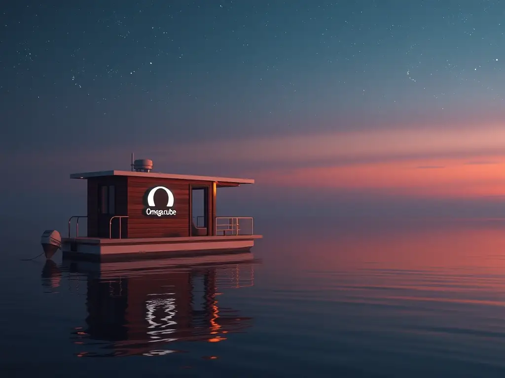 A futuristic scene of the Omegacube Texas Bunker on Knights Bluff, featuring a houseboat with the Omegacube logo on a serene lake, illuminated by vibrant AI-generated lighting.