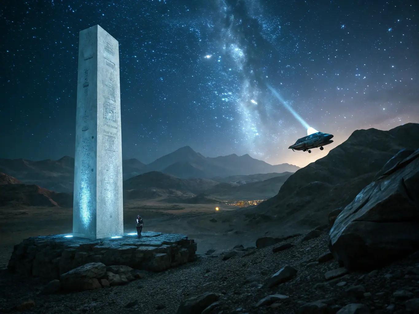 A dynamic scene of the Omegacube Texas Bunker with a glowing AI-powered Omegacube on Knights Bluff, set against a starry night sky.