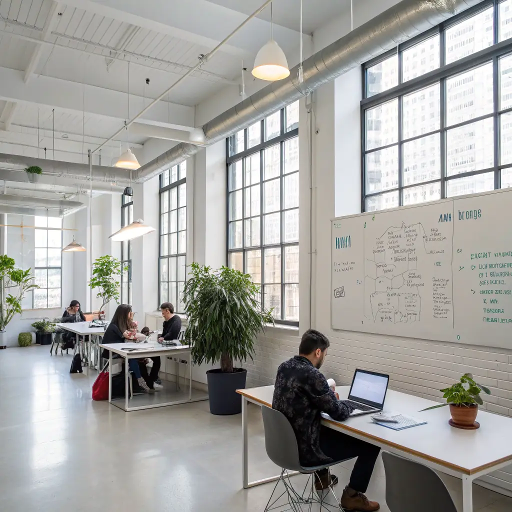 A brightly lit, modern office space with employees working comfortably at their desks, showcasing a clean and organized environment.