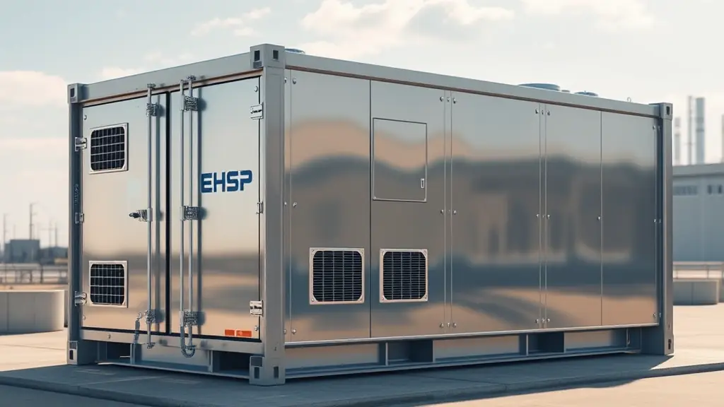 A high-tech lithium battery energy storage container with integrated systems, ready for utility-scale deployment.