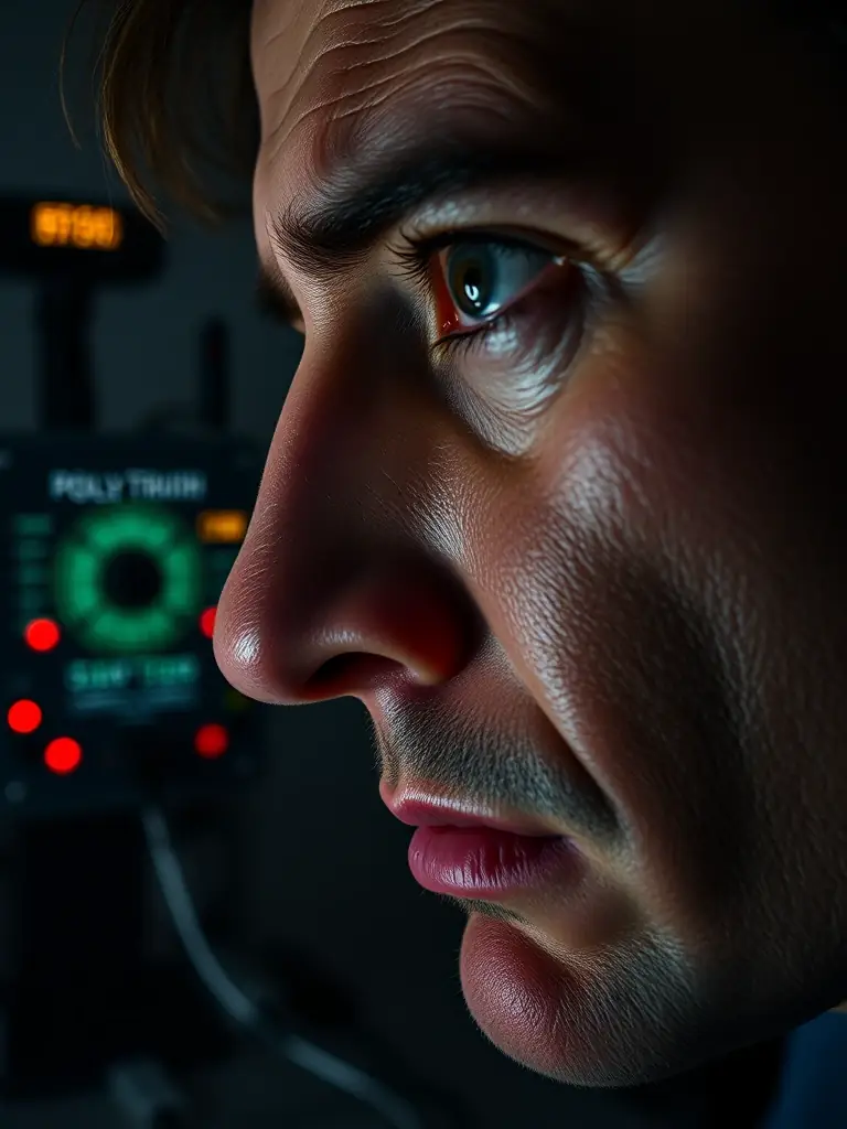 A close-up shot of a person's face during a polygraph examination, with the polygraph machine visible in the background, emphasizing the focus on uncovering hidden truths.