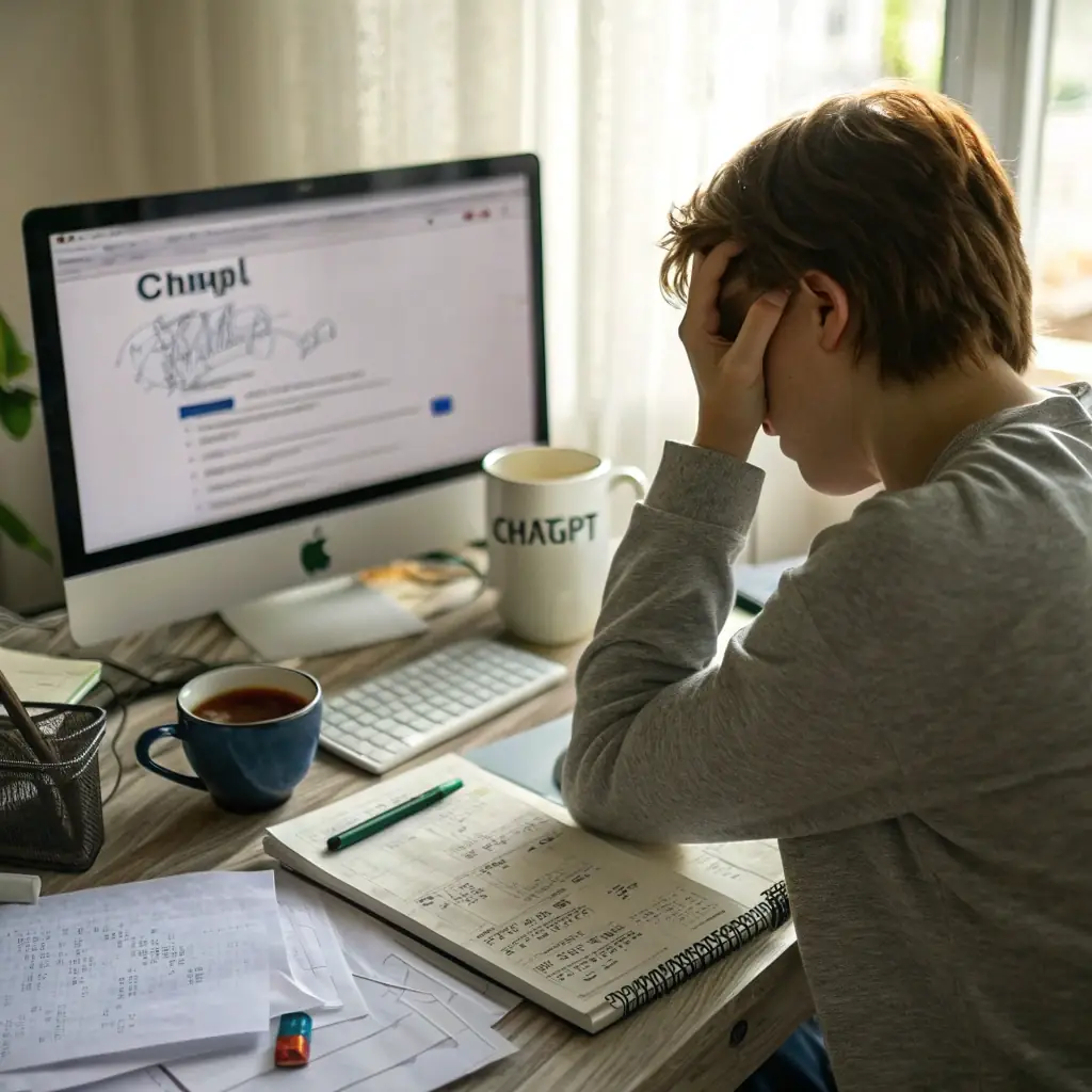 A digital nomad looking stressed while working from a poorly lit and cluttered temporary workspace, symbolizing the challenges of finding suitable accommodation and reliable internet.