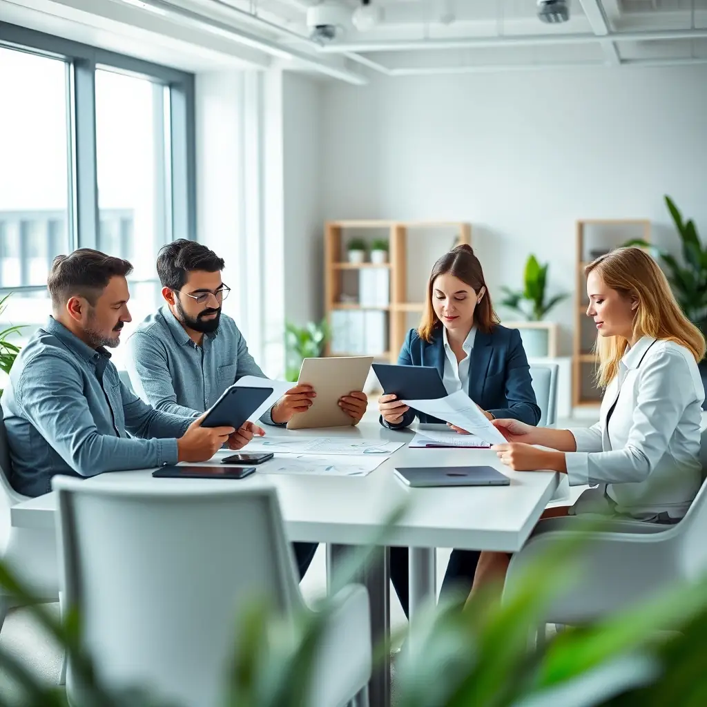 A professional team collaborating in a modern office, reviewing project data on a large screen, emphasizing data-driven results and client satisfaction.