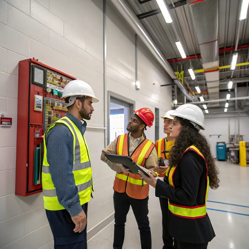 images/fire_safety_team.jpg, a professional team of fire safety experts inspecting equipment, used as a visual representation of the company's expertise in fire protection