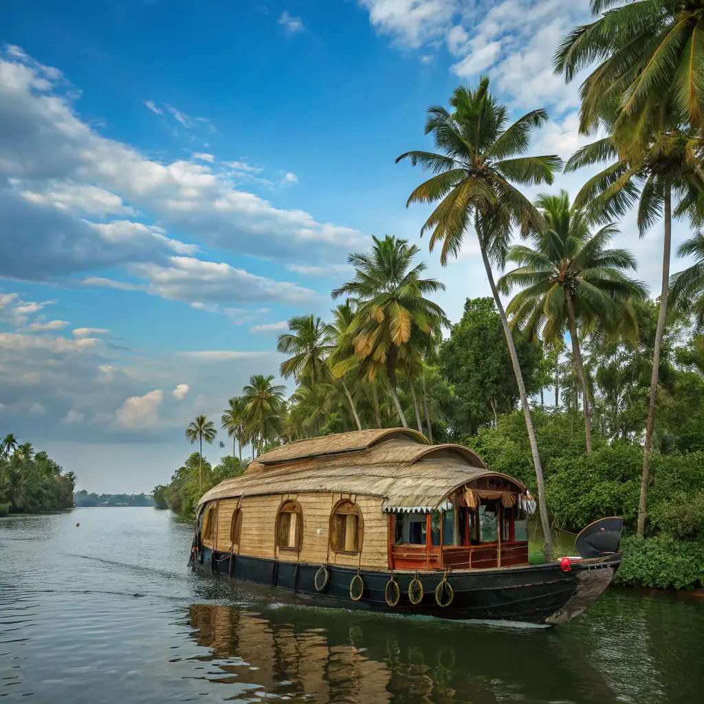 A scenic view of Alleppey's backwaters with a traditional houseboat gliding through the calm waters, surrounded by lush greenery and coconut trees. The image should evoke a sense of tranquility and adventure.