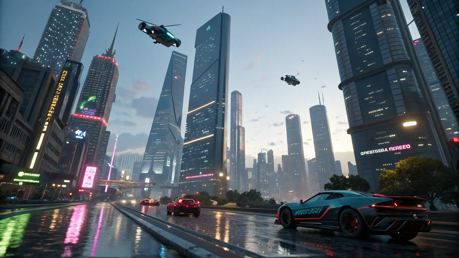 A futuristic cityscape with glowing neon signs and digital interfaces, symbolizing the integration of AI into various aspects of business operations. The image should convey innovation, efficiency, and the transformative power of AI in a modern business environment.