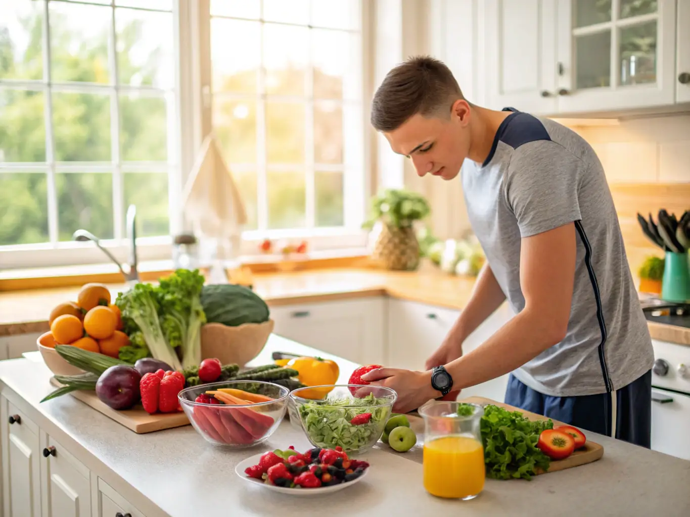 An athlete or entrepreneur preparing a healthy meal, symbolizing the connection between nutrition and peak performance.