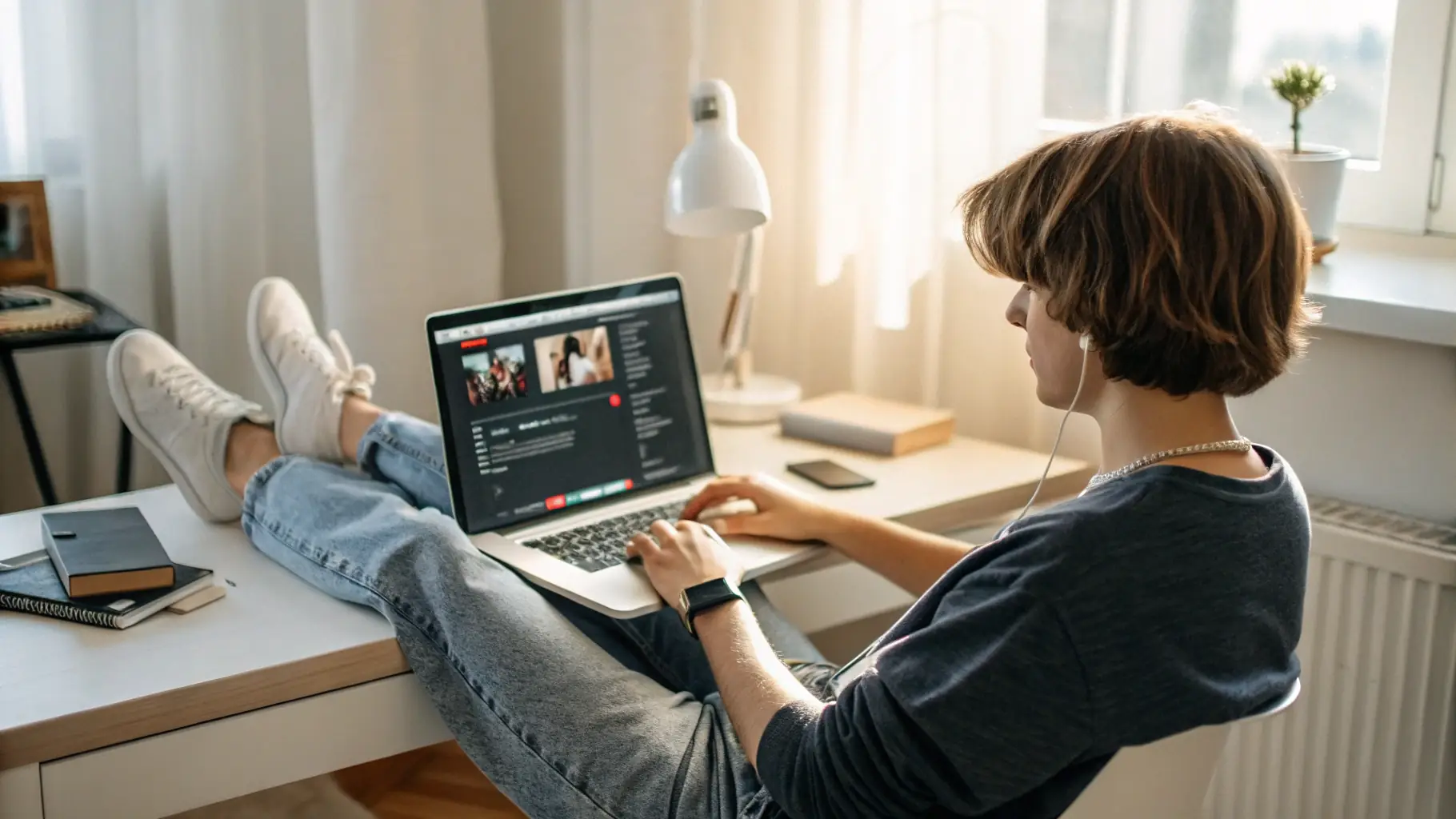 A person watching a video on a laptop with an ad displayed on the screen.
