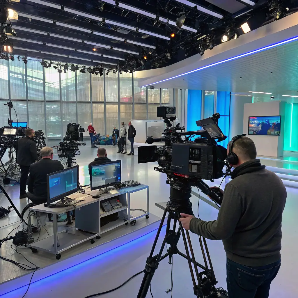 A sleek professional studio setup with cameras, lighting, and editing equipment, emphasizing the company's focus on high-quality media production.